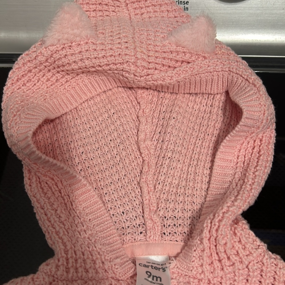 Girls 9 months button down sweater jacket cardigan hood fur ears - Picture 3 of 3